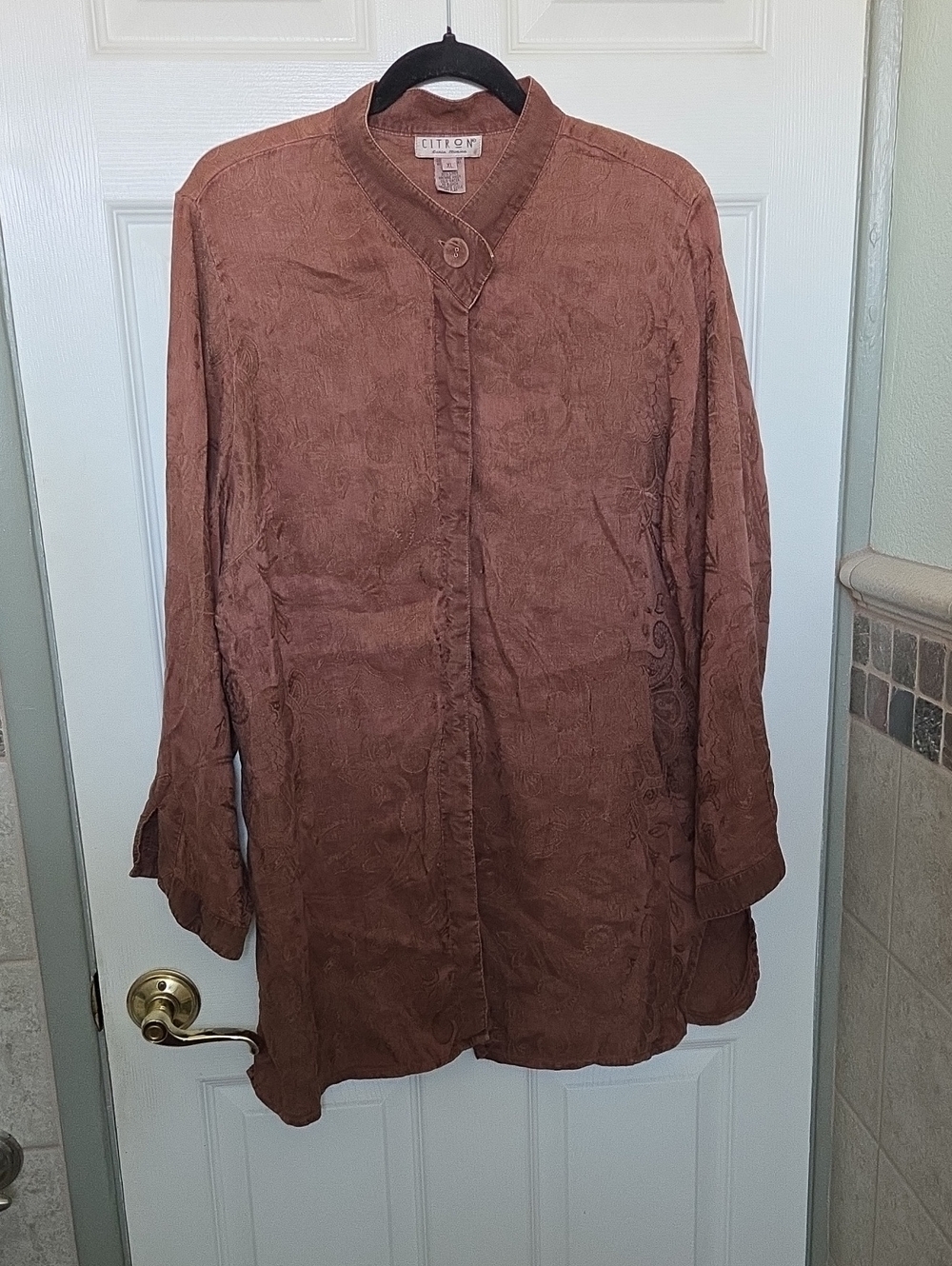 Citron Santa Monica Linen Silk Blend Embossed Button Down Rust Color Tunic XL